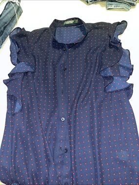 Lauren Ralph Lauren Navy Blouse with Red Dot Print and Ruffle Sleeves